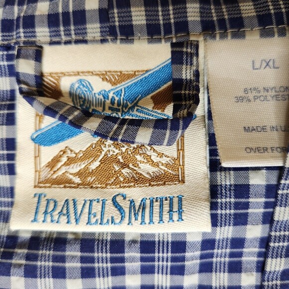 TravelSmith Wrap Robe Sz. L-XL Unisex Blue Tan Plaid Pockets - Picture 2 of 6